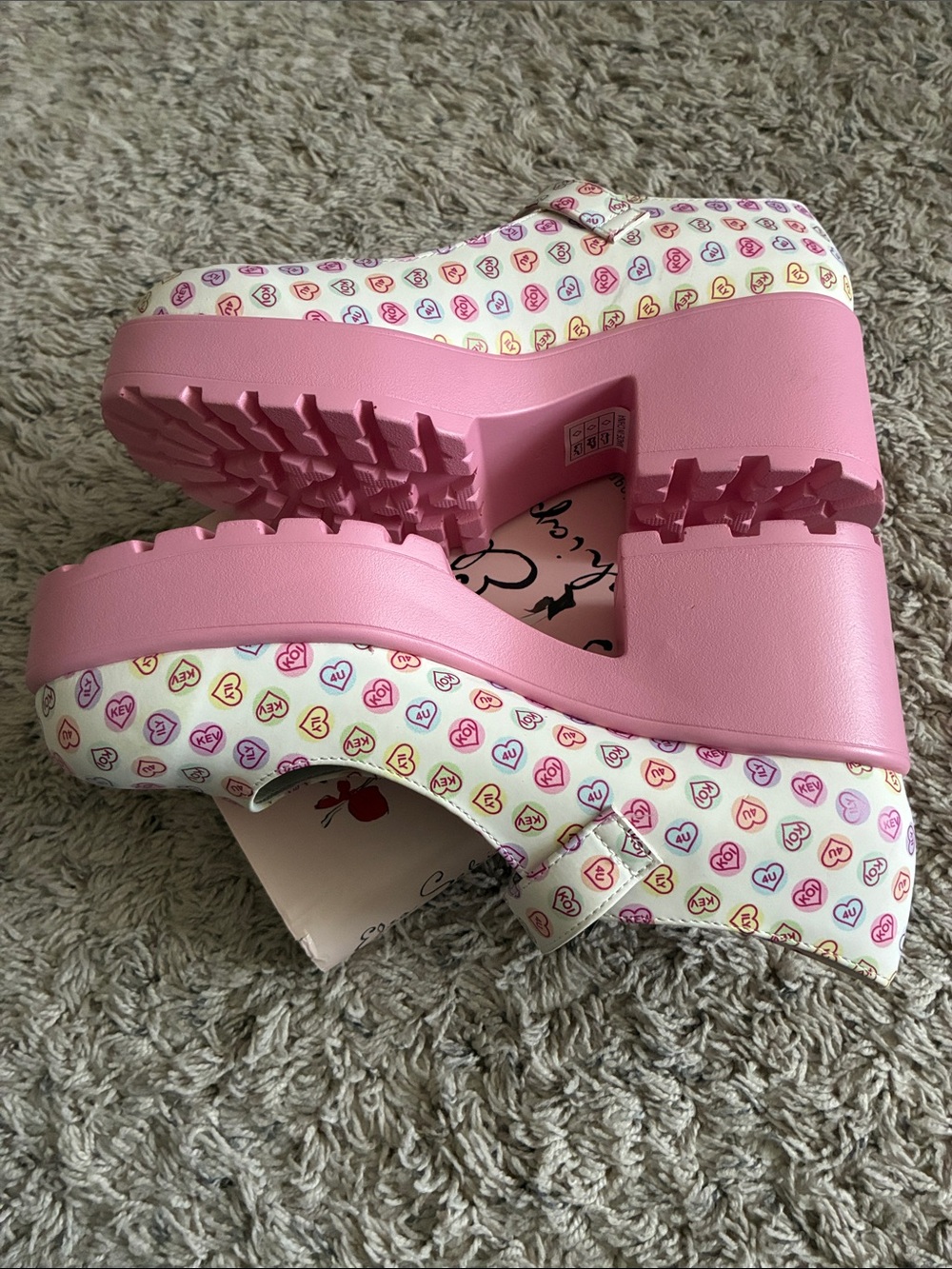 koi White Mary Jane Platform Heels with Pink Soles and Multicolor Heart Print - Picture 7 of 7